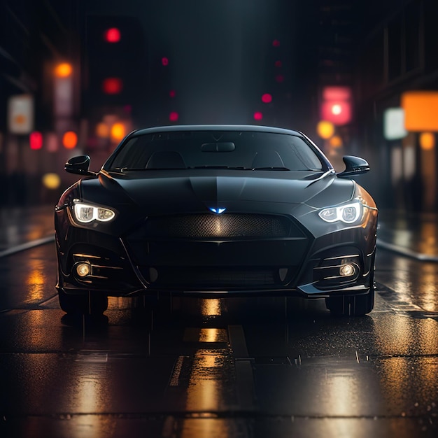 A black bmw sports car is on a wet road at night.