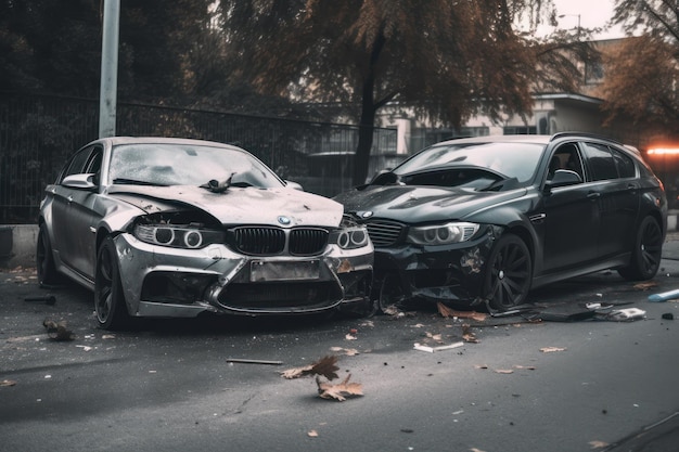 A black bmw with a bmw and a bmw car in front of a building.