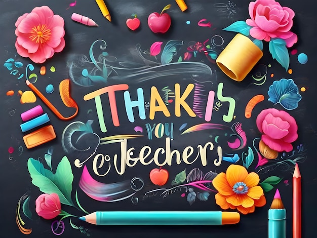 a black board with a colorful drawing of a chalkboard with flowers and a pencil