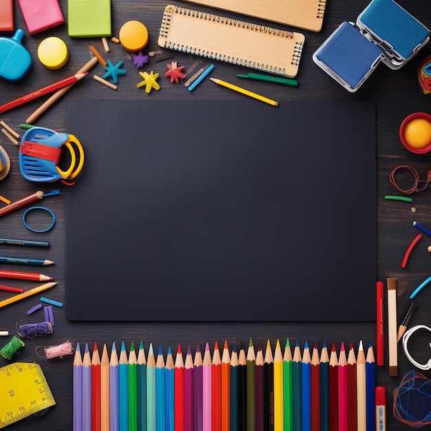 a black board with a pencil, pencils, and a pencil on it.