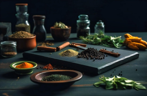 Black board with spices on the table