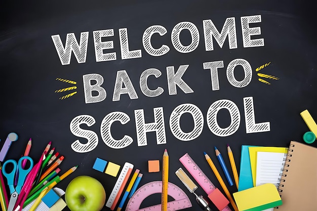 黒板にWelcome back to schoolと書かれています