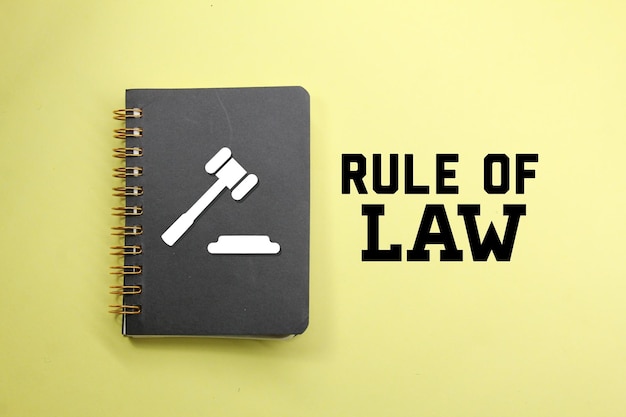 A black book with a judge's hammer on it that says rule on the cover.