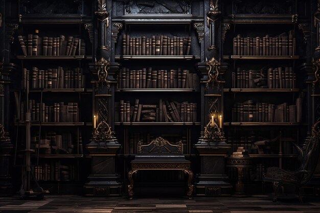 A black bookcase in a dark room and dim light