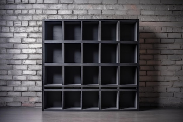 Black bookcase standing against a textured brick wall Generative AI