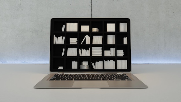 ノートパソコンの画面のオンライン教育と検索の現実的な3Dレンダリングの黒い本棚