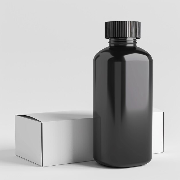 Photo a black bottle of black liquid sits next to a white box