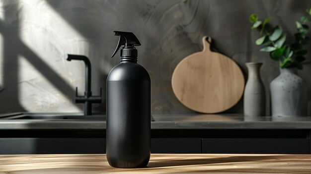 Photo a black bottle of black spray sits on a wooden surface