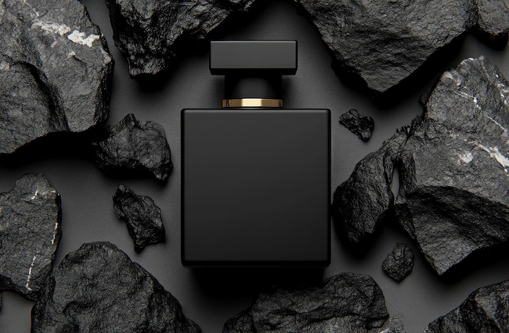 Photo a black bottle of perfume next to rocks