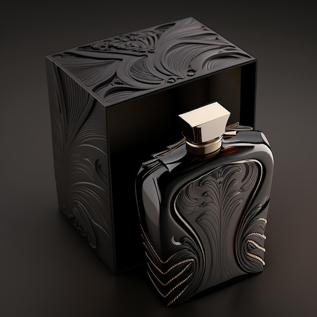 A black bottle of perfume with a gold cap on the front.