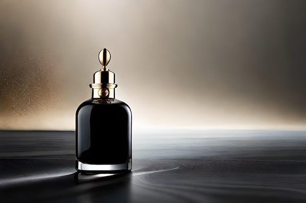 Photo a black bottle of perfume with a gold cap and a gold cap.