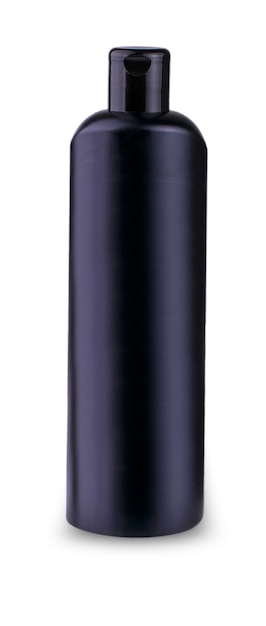 Black bottle of shampoo on white background