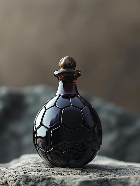 Photo a black bottle sitting on top of a rock