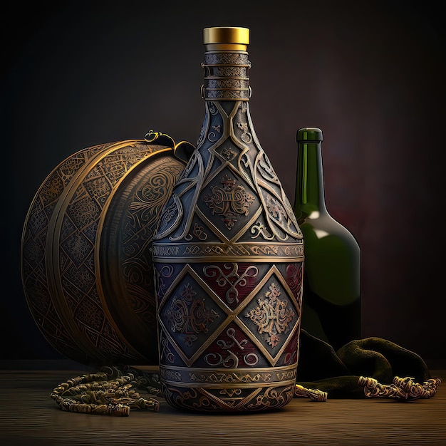 Black bottle of wine entwined with green plants ornament in the style of the Middle Ages Alcohol winemaking luxury wine cellar fermentation product wax seal generative artificial intelligence