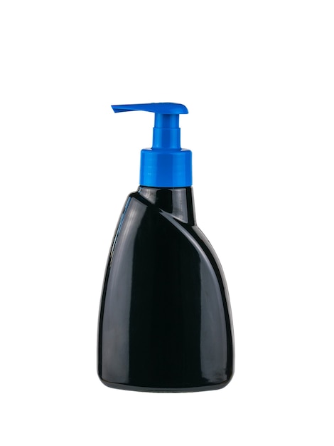 Black bottle with blue lid from under liquid soap isolated on white wall. Skin care product.