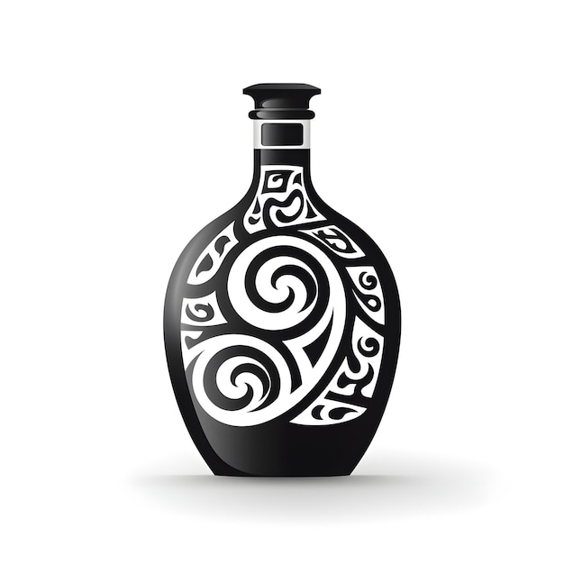 A black bottle with a pattern on it and a white background.