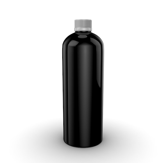 A black bottle with a silver cap sits on a white background.