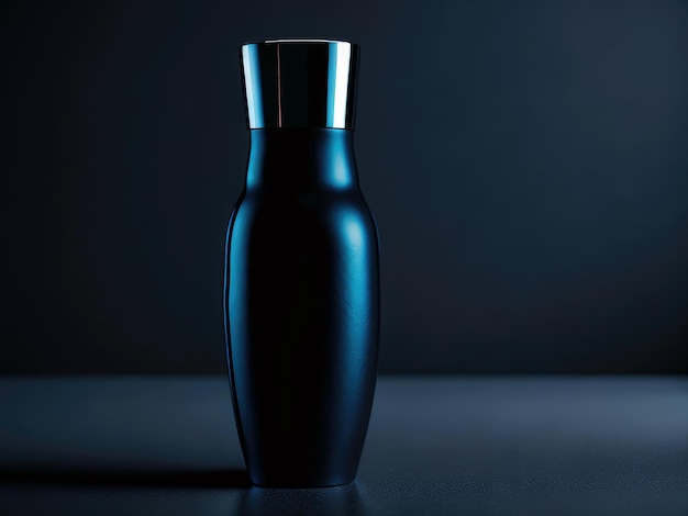 A black bottle with a silver lid sits on a table.