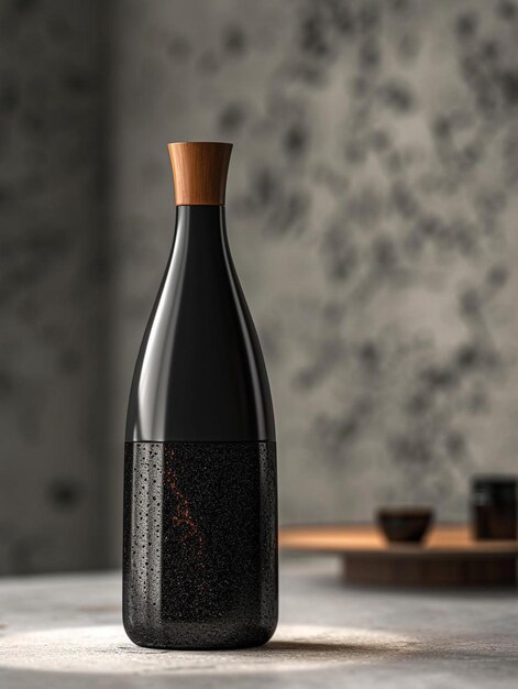 Photo a black bottle with a wooden lid sitting on a counter