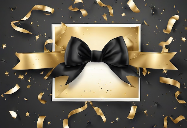 Black bow with golden confetti on the background the concept of gifts of holidays and sales black