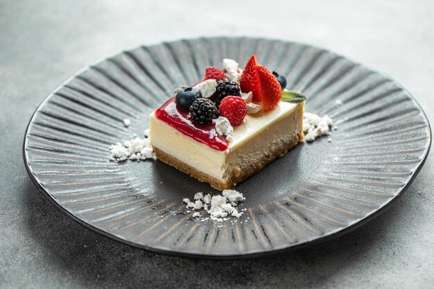 Black bowl and cheesecake cake strawberry cheesecake in black\
ceramic dish