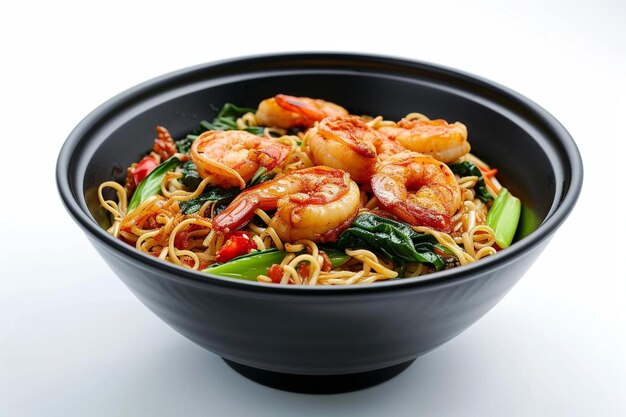 a black bowl filled with noodles and shrimp