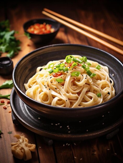 a black bowl filled with noodles on top of a wooden table