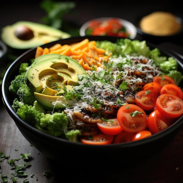 Black bowl filled with salad topped with avocado tomatoes and meat