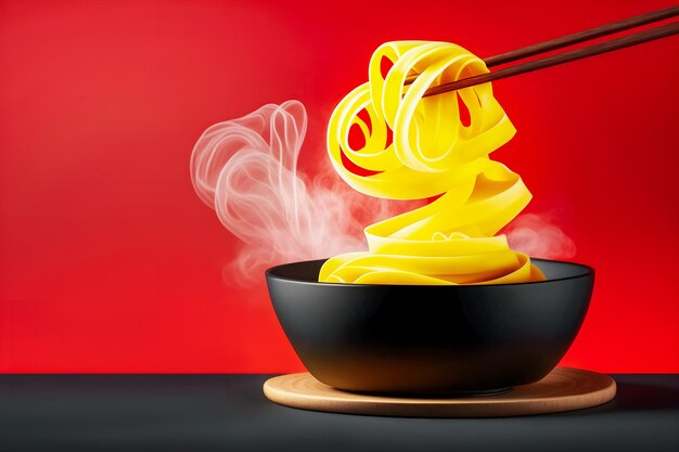 Black bowl of instant hot tasty noodles with chopsticks on black table on red background