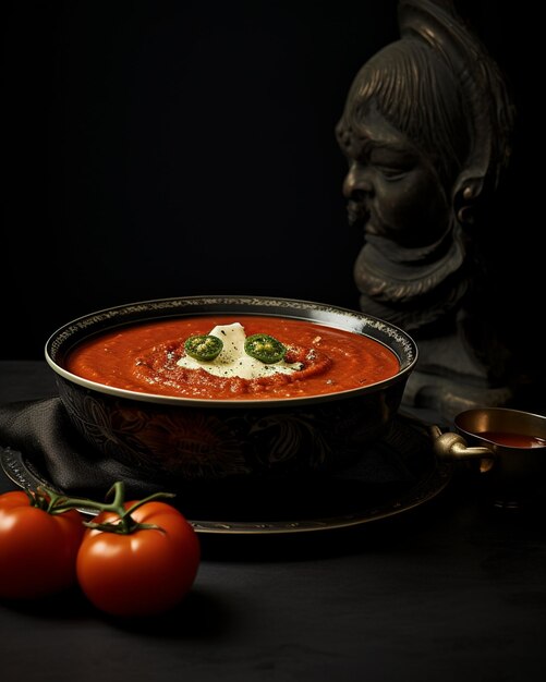 Photo black bowl of tomato soup with ricotta