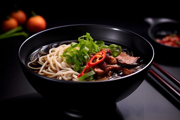 Premium AI Image Black Bowl With Chinese Noodles With Beef And Vegetables premium-ai-image-black-bowl-with-chinese-noodles-with-beef-and-vegetables