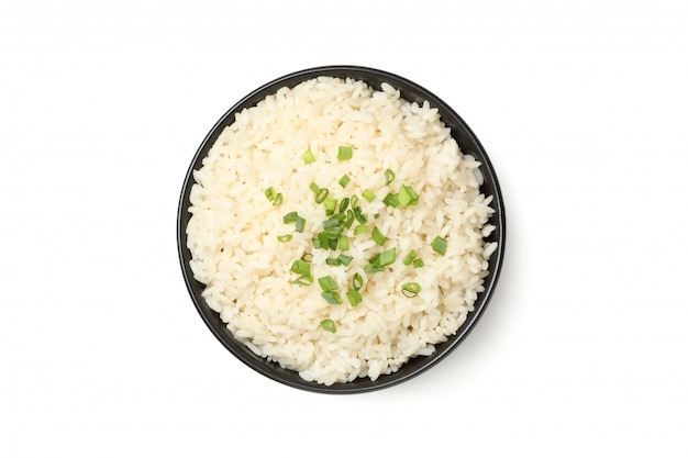 Black bowl with rice isolated on white surface