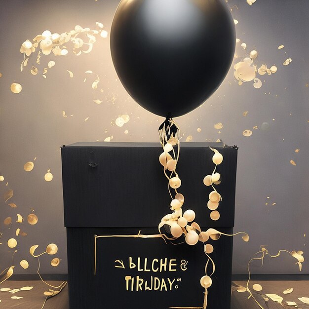 A black box in black Friday with a bunch of balloons on it with gift box