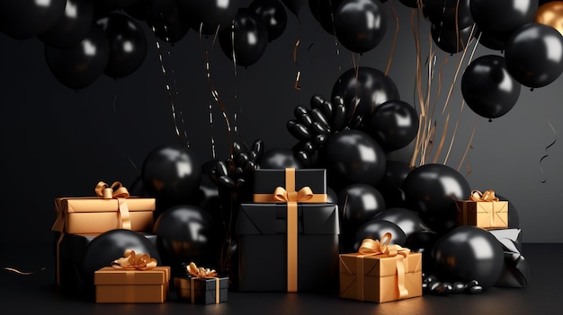 A black box in black friday with a bunch of balloons on it