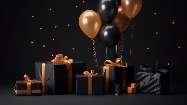 A black box in black friday with a bunch of balloons on it