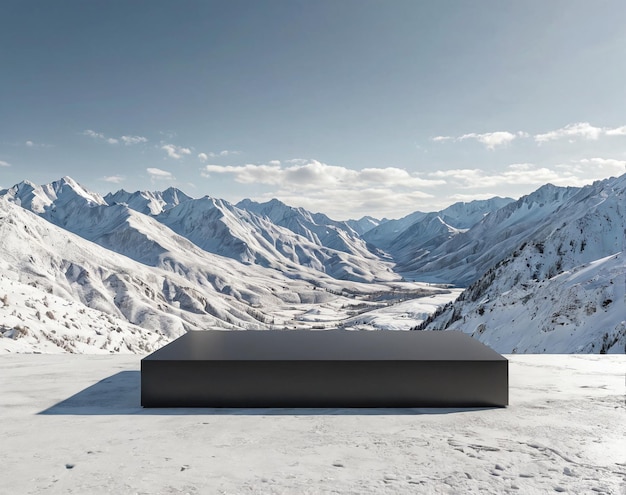 a black box sits on top of a snowy mountain