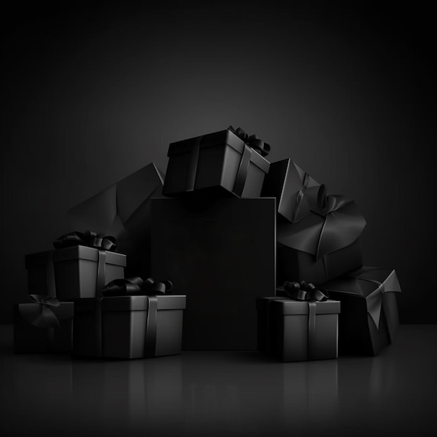 A black box with a bow on it is surrounded by other black boxes