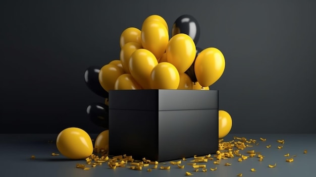 A black box with a bunch of balloons on it