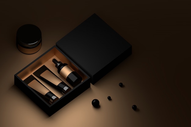 Photo black box with cosmetic packaging and black perls.
