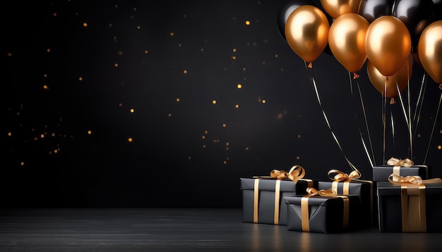 Black box with a gift and balloons for Black Friday