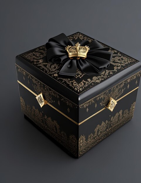 a black box with a gold bow on it