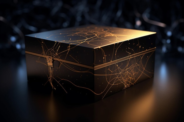 A black box with gold foil on the top.