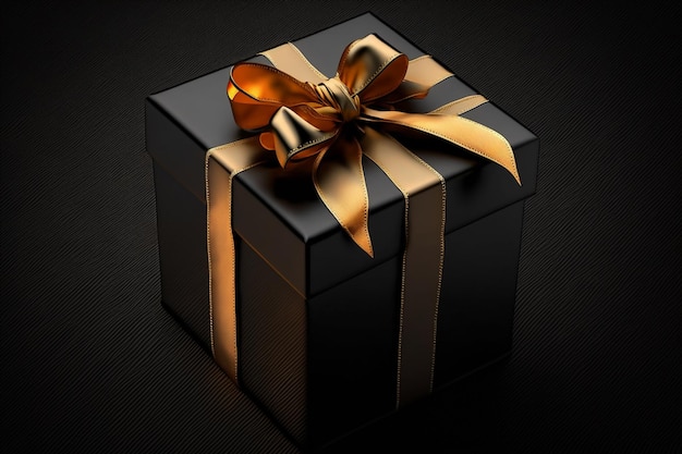 A black box with a gold ribbon and a bow on it.