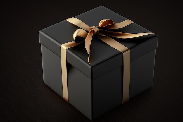 A black box with a gold ribbon and a bow.