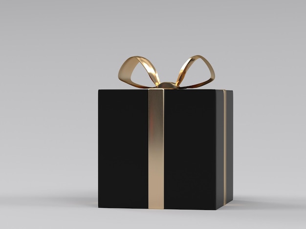 A black box with a gold ribbon and a gold bow.