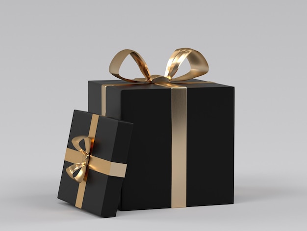 A black box with gold ribbon and a gold bow.