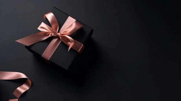 A black box with a gold ribbon tied with a bow on it.