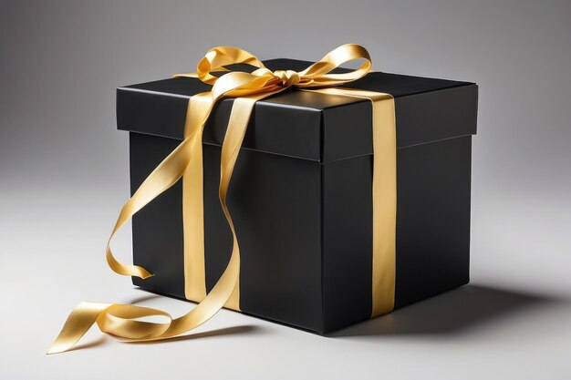 a black box with a gold ribbon on white background