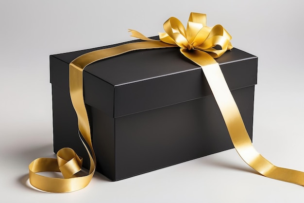 a black box with a gold ribbon on white background