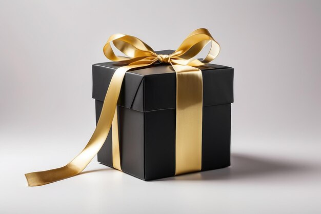 a black box with a gold ribbon on white background